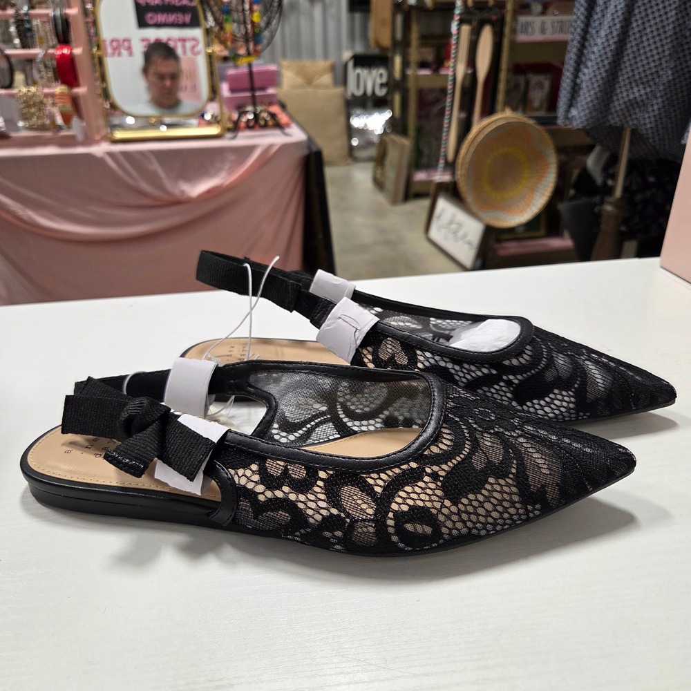 A New Day London Black Floral Lace Mesh Pointed Toe Slingback Bow Flats 8.5 NEW